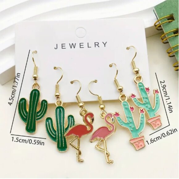 💚 3 pack of fun Cactus, Flamingo Earrings on shepherds hook earwires gold tone - Picture 3 of 3
